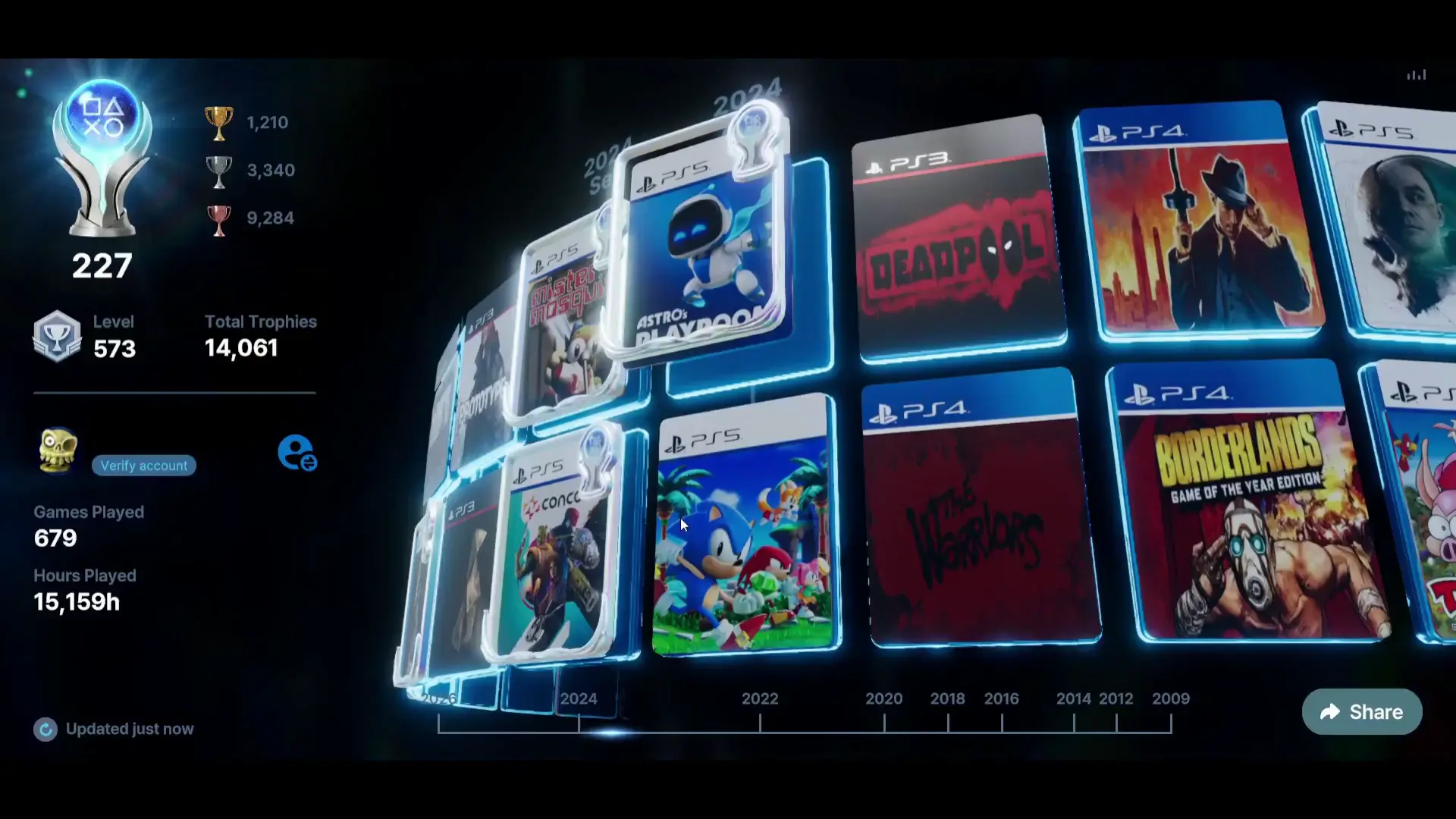 
         Esta web te permite ver todos tus trofeos de PlayStation como una línea del tiempo 3D, mucho más visual y con datos como el tiempo invertido 
    