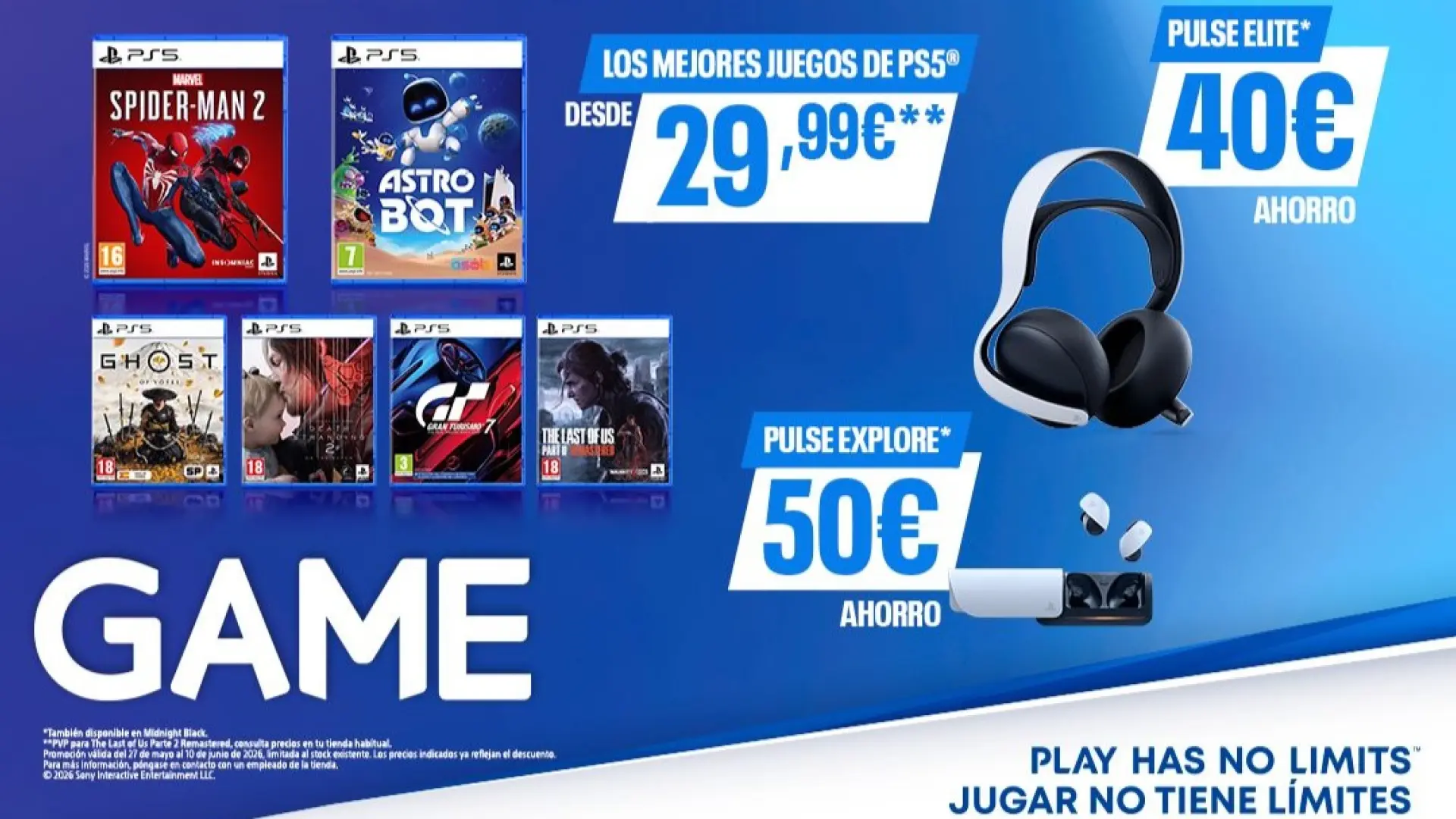 
         ¡Llegan los Days of Play 2026 a GAME! Desde hoy y hasta el 10 de junio tienes ofertas, descuentos y promociones por el Especial de PlayStation 
    