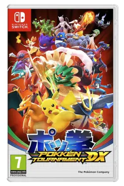 Carátula del videojuego "Pokkén Tournament DX" para Nintendo Switch, que muestra una composición dinámica de varios Pokémon icónicos en combate.
