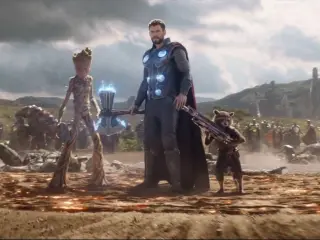 Groot, Thor y Rocket Racoon en Vengadores: Infinity War