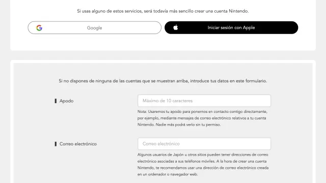Crear cuenta Nintendo