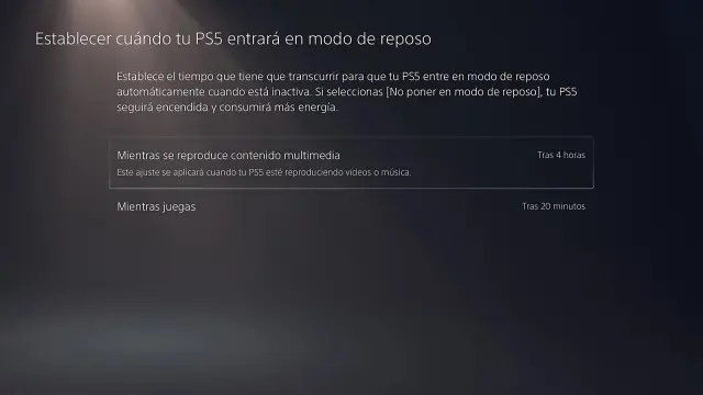 Ajustes PS5 - modo reposo