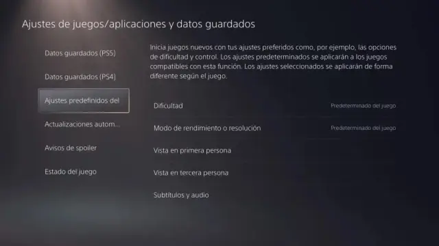 Ajustes predefinidos de juegos en PS5