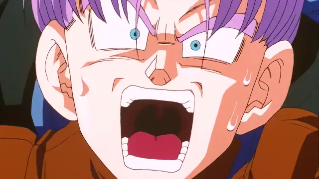 Vegeta Baby aterroriza a Trunks en la Capsule Corporation durante el episodio 28 de Dragon Ball GT