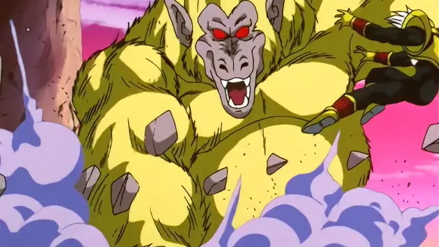 Goku, convertido en Ohzaru dorado, causa estragos en el planeta Tsufur