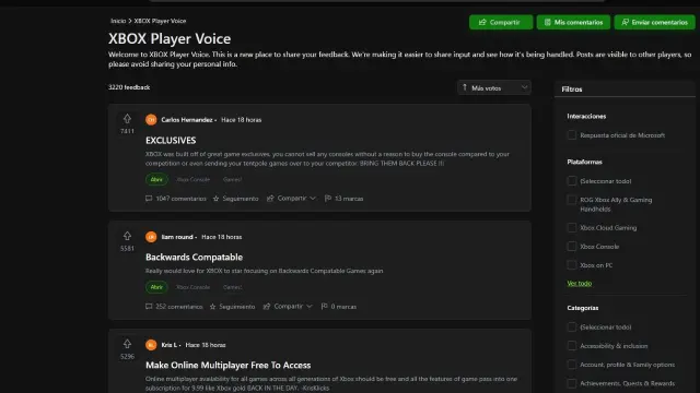 Las tres peticiones más votadas de XBOX Player Voice
