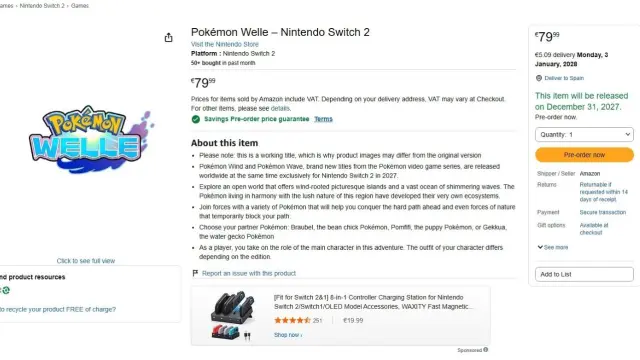 Posible precio de Pokémon Viento y Oleaje en físico para Europa en Amazon Alemania
