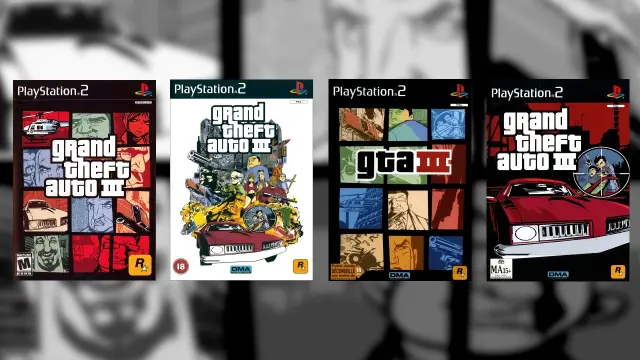Portadas GTA III: Estadounidense, europea, europea alternativa y australiana (de izquierda a derecha)