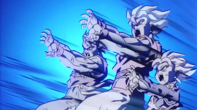 Goku, Gohan y Goten haciendo el triple Kame Hame Ha