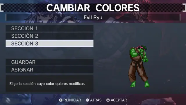 Entre los extras de Ultra Street Fighter II hay una galería dei imágenes, unas completas estadísticas y este editor de colores para modificar las apariencias de todos los luchadores. ¡Mira! ¡Un Hulk-Ryu!