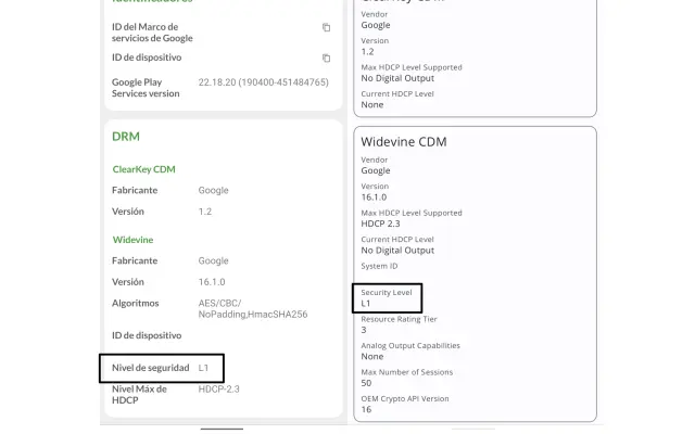 Nivel de Widevine en un Xperia 1 IV. Izquierda - DevCheck; Derecha - DRM Info