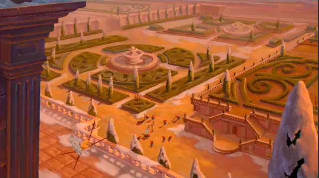 Jardín en la escena "Humano otra vez" que es similar a Versalles
