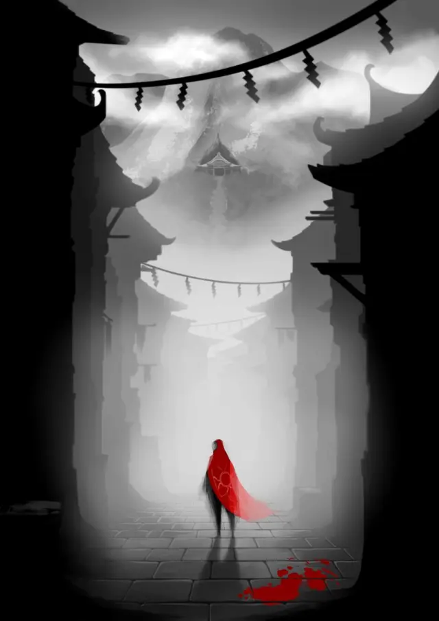 Uno de los primeros concepts de Aragami. Ya podíamos ver la importancia de las sombras y el tono rojo de la capa del protagonista.
