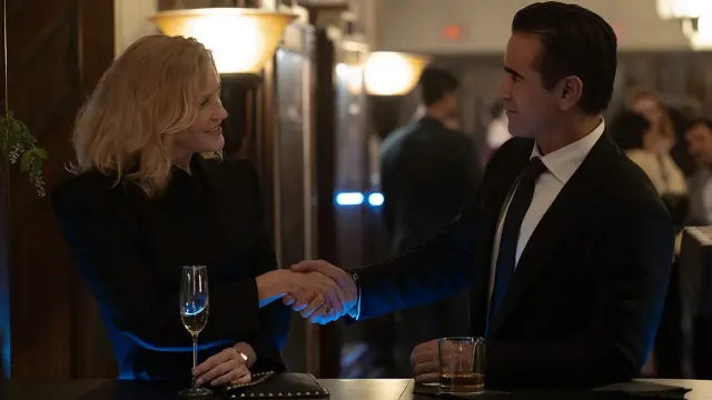 Anna Gunn (izq.) como Margit Sorensen y Colin Farrell en Sugar