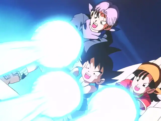 Goku, Trunks y Pan matan a Rilld con un triple Kame Hame Ha