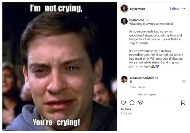 Publicación de Ziyi Cao sobre el final del rodaje de Spider-Man: Brand New Day