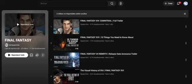 Vídeos ocultos del canal de Final Fantasy en YouTube