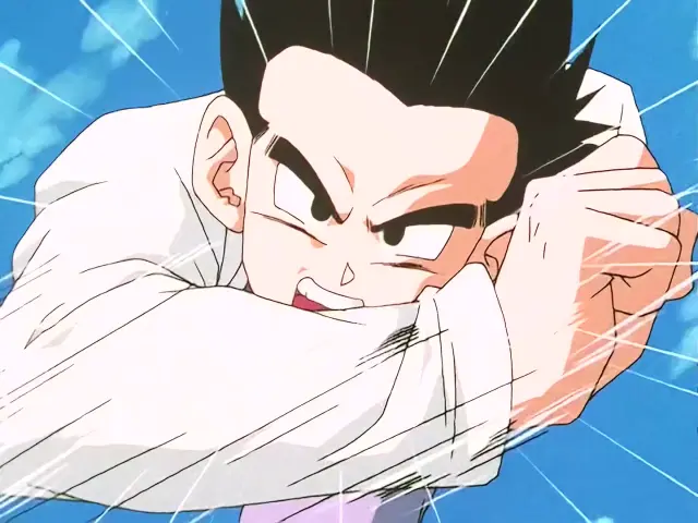 Baby posee a Goten tras un intenso combate en Satan City en el episodio 26 de Dragon Ball GT