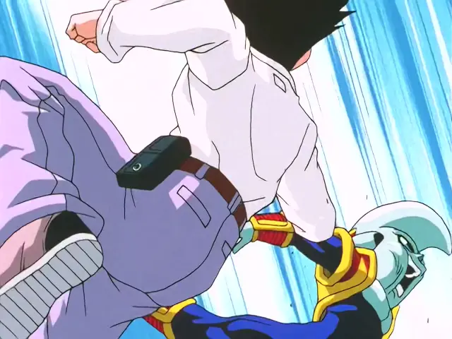 Baby posee a Goten tras un intenso combate en Satan City en el episodio 26 de Dragon Ball GT