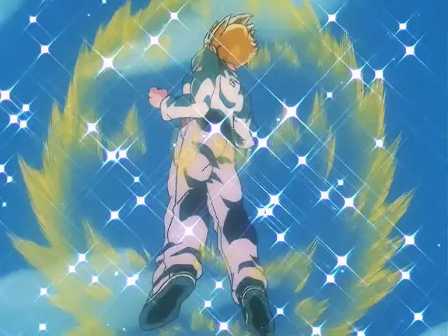 Baby posee a Goten tras un intenso combate en Satan City en el episodio 26 de Dragon Ball GT