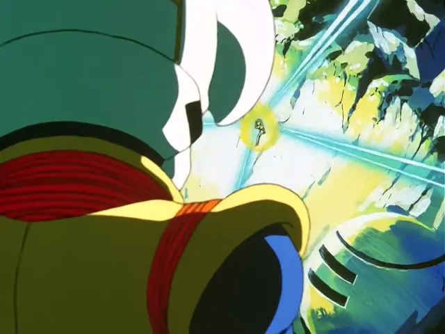 Baby posee a Goten tras un intenso combate en Satan City en el episodio 26 de Dragon Ball GT