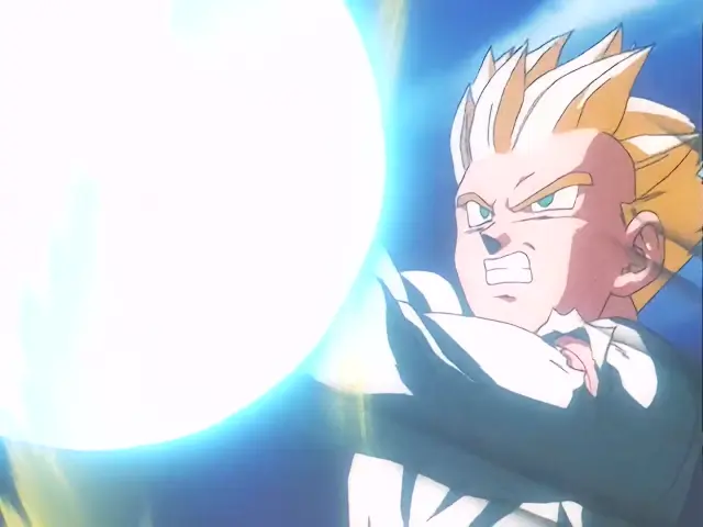 Baby posee a Goten tras un intenso combate en Satan City en el episodio 26 de Dragon Ball GT