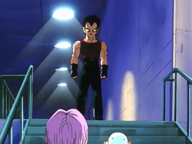 Vegeta Baby aterroriza a Trunks en la Capsule Corporation durante el episodio 28 de Dragon Ball GT