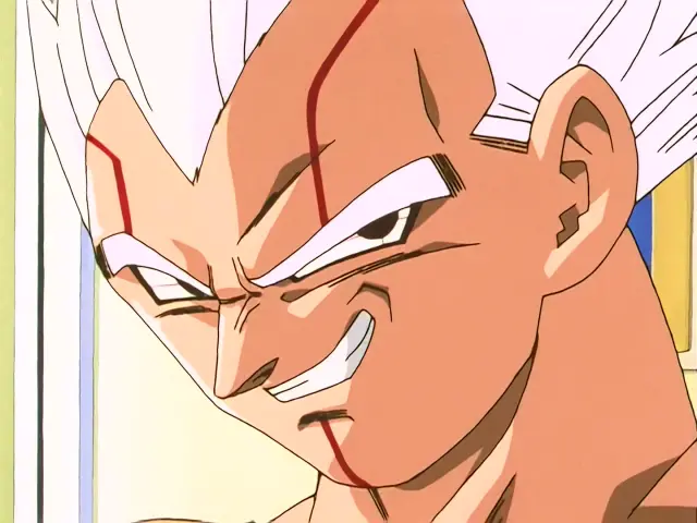 Vegeta Baby aterroriza a Trunks en la Capsule Corporation durante el episodio 28 de Dragon Ball GT