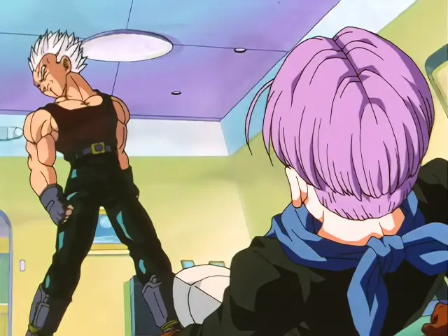 Vegeta Baby aterroriza a Trunks en la Capsule Corporation durante el episodio 28 de Dragon Ball GT