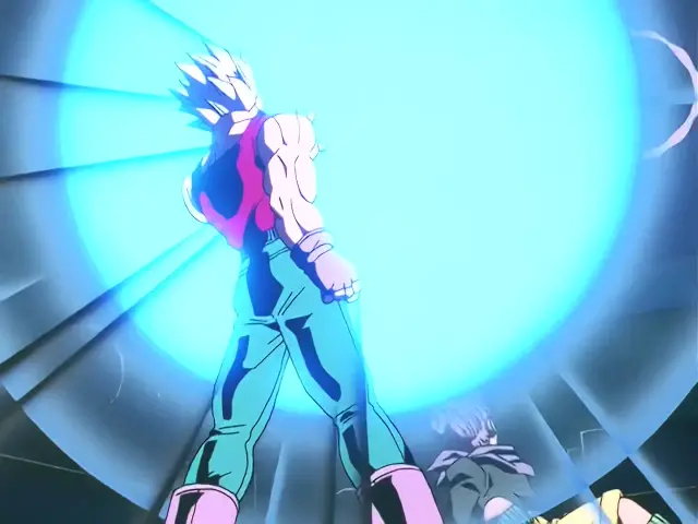 Vegeta Baby aterroriza a Trunks en la Capsule Corporation durante el episodio 28 de Dragon Ball GT