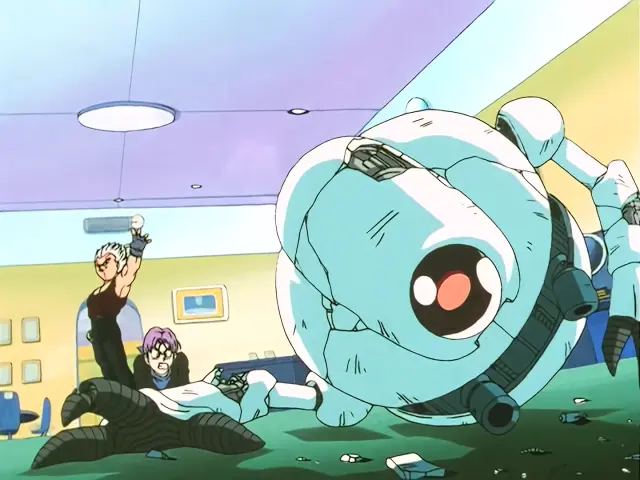 Vegeta Baby aterroriza a Trunks en la Capsule Corporation durante el episodio 28 de Dragon Ball GT