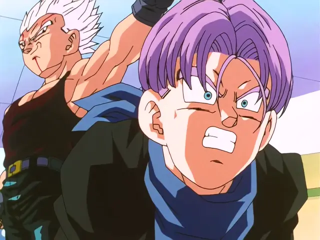 Vegeta Baby aterroriza a Trunks en la Capsule Corporation durante el episodio 28 de Dragon Ball GT