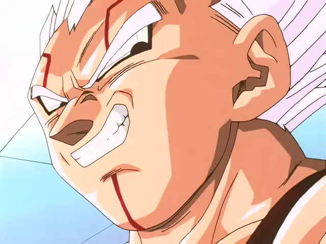 Vegeta Baby aterroriza a Trunks en la Capsule Corporation durante el episodio 28 de Dragon Ball GT
