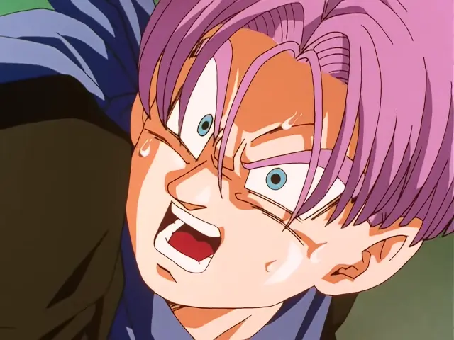 Vegeta Baby aterroriza a Trunks en la Capsule Corporation durante el episodio 28 de Dragon Ball GT
