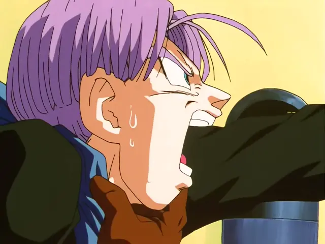 Vegeta Baby aterroriza a Trunks en la Capsule Corporation durante el episodio 28 de Dragon Ball GT