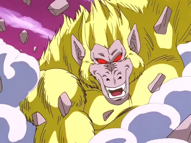 Goku, convertido en Ohzaru dorado, causa estragos en el planeta Tsufur
