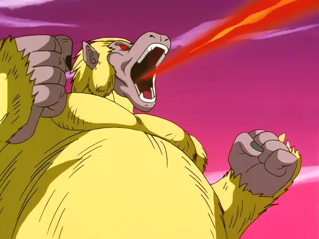 Goku, convertido en Ohzaru dorado, causa estragos en el planeta Tsufur