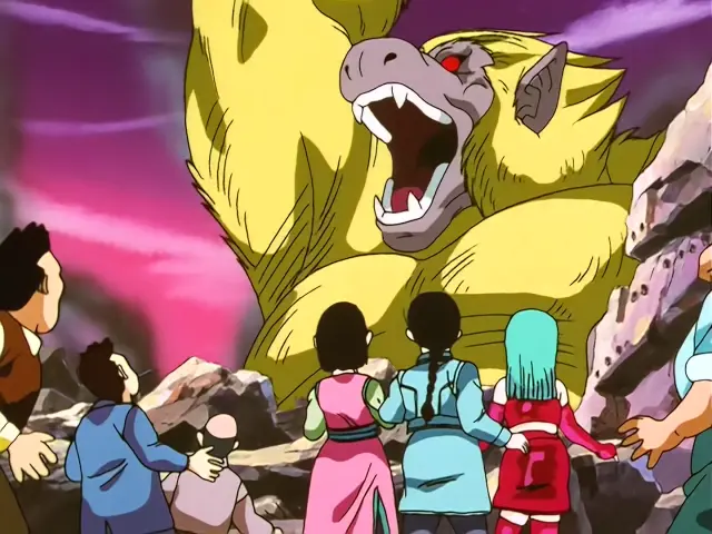 Goku, convertido en Ohzaru dorado, causa estragos en el planeta Tsufur