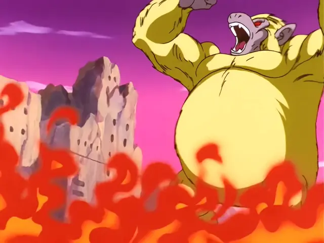 Goku, convertido en Ohzaru dorado, causa estragos en el planeta Tsufur