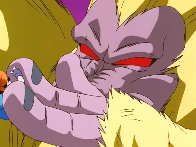 Pan intenta hacer razonar a Goku convertido en Ohzaru dorado