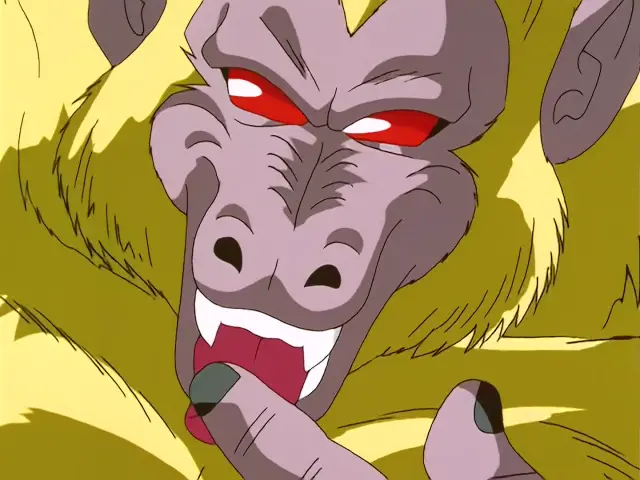 Pan intenta hacer razonar a Goku convertido en Ohzaru dorado