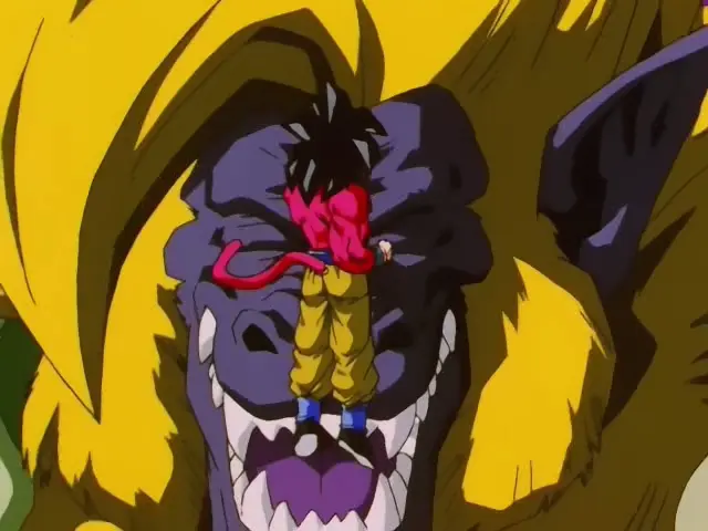 La primera ronda de combate de Goku Super Saiyan 4 contra Ohzaru Baby en Dragon Ball GT