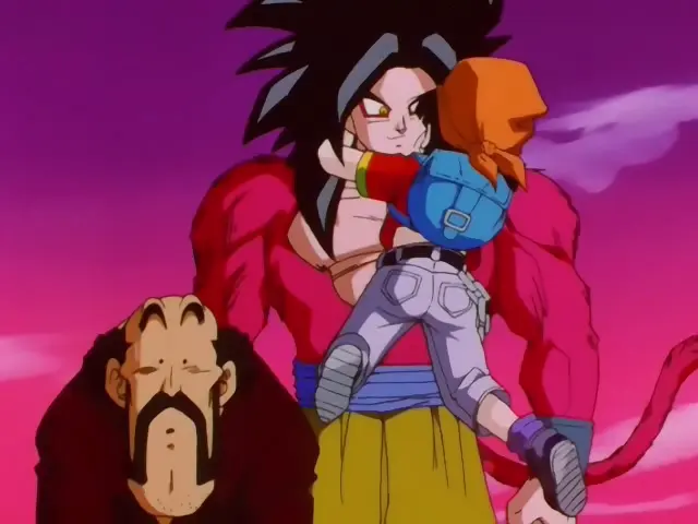 La primera ronda de combate de Goku Super Saiyan 4 contra Ohzaru Baby en Dragon Ball GT