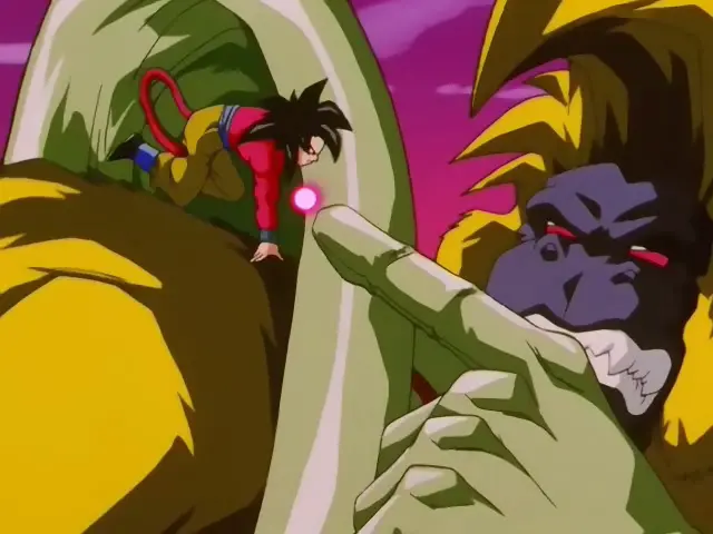 La primera ronda de combate de Goku Super Saiyan 4 contra Ohzaru Baby en Dragon Ball GT