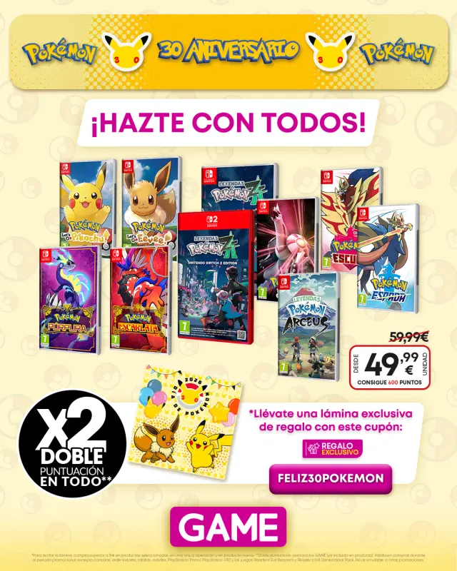 Celebra en GAME que Pokémon cumple 30 años y hazte con todas las promociones que te han preparado