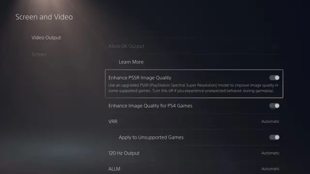 Opción de activar el nuevo PSSR de PS5 Pro en juegos compatibles