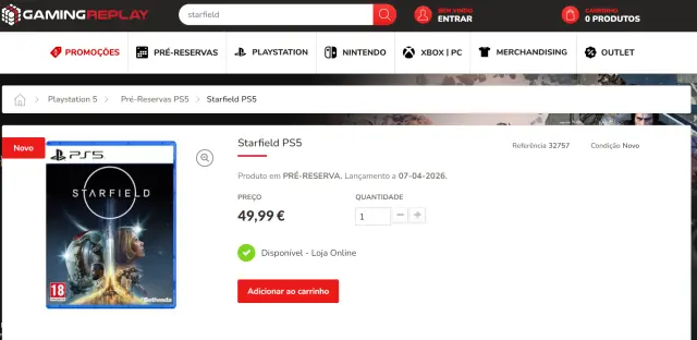 Página de reserva de Starfield para PS5 en Gaming Replay