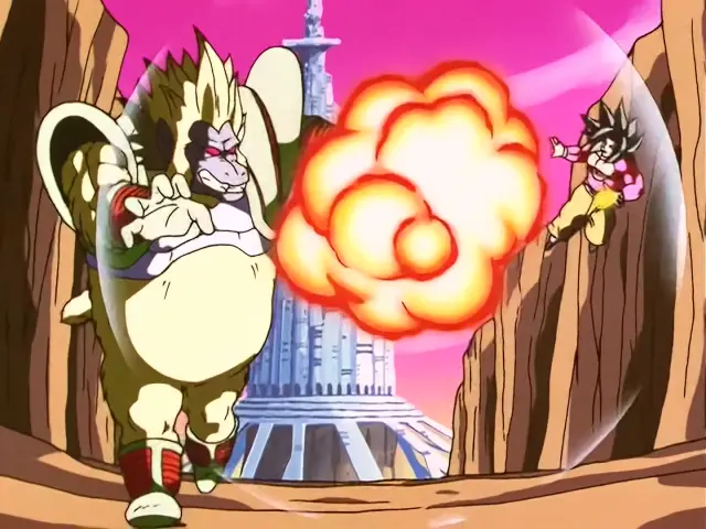 Goku Super Saiyan 4 destroza a Ohzaru Baby y le arranca la cola en Dragon Ball GT