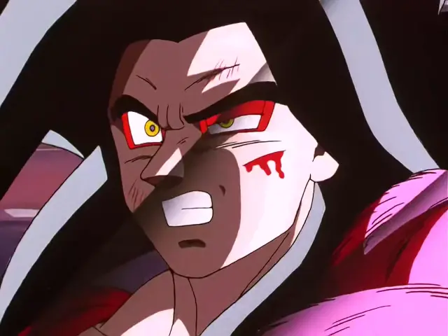 Goku Super Saiyan 4 destroza a Ohzaru Baby y le arranca la cola en Dragon Ball GT