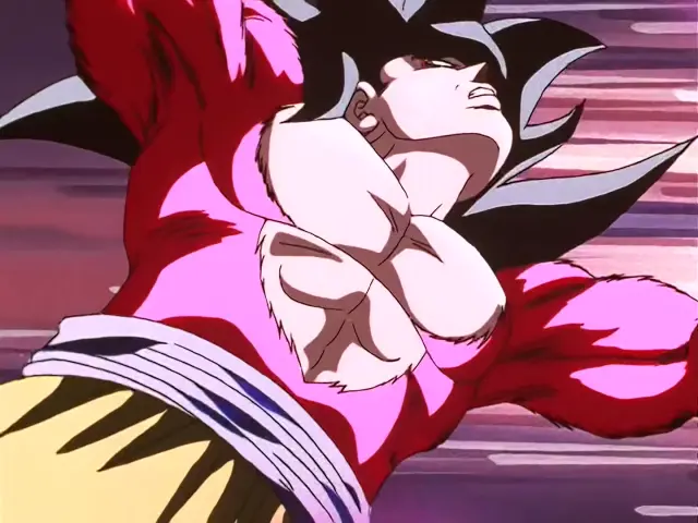 Goku Super Saiyan 4 destroza a Ohzaru Baby y le arranca la cola en Dragon Ball GT